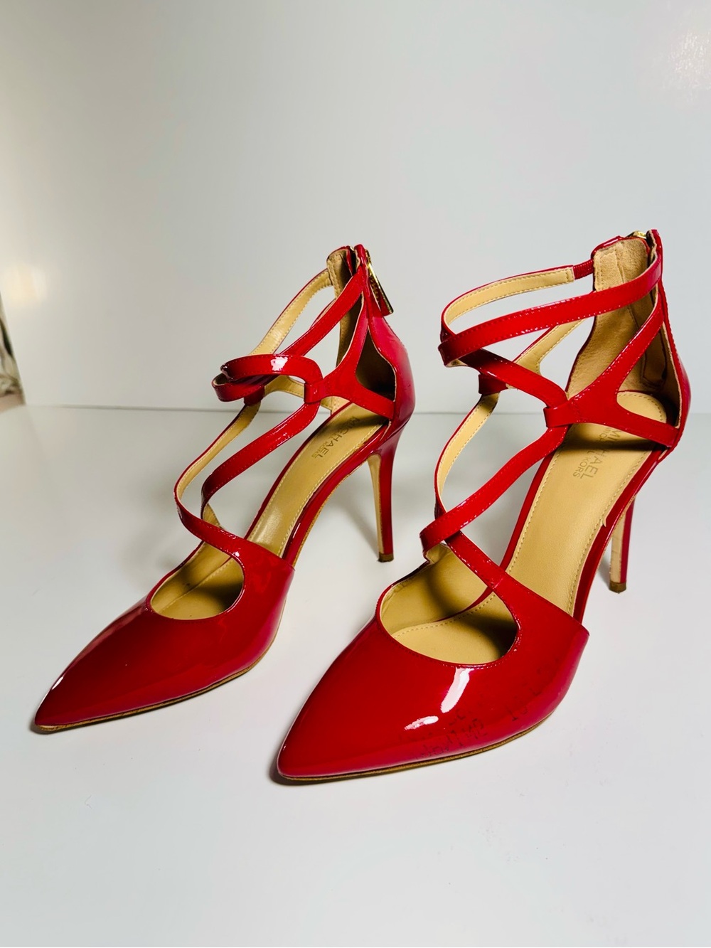 MICHAEL Michael Kors Red Patent Strappy Pointed-Toe Stilettos 4”
